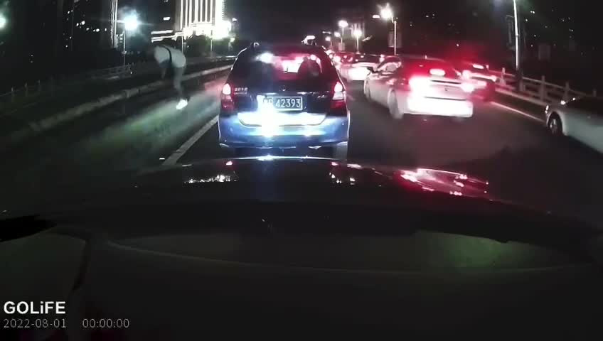 Man avoids auto to leap off bridge