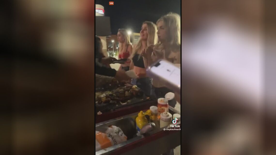 4 obnoxious association chicks harass a road food merchant